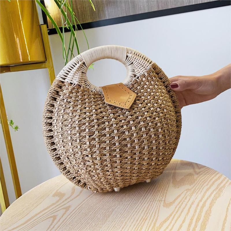 

Elegant Female Round Tote bag 2020 Summer New High quality Straw Women's Designer Handbag Travel Clutch bag Female Banquet, Orange