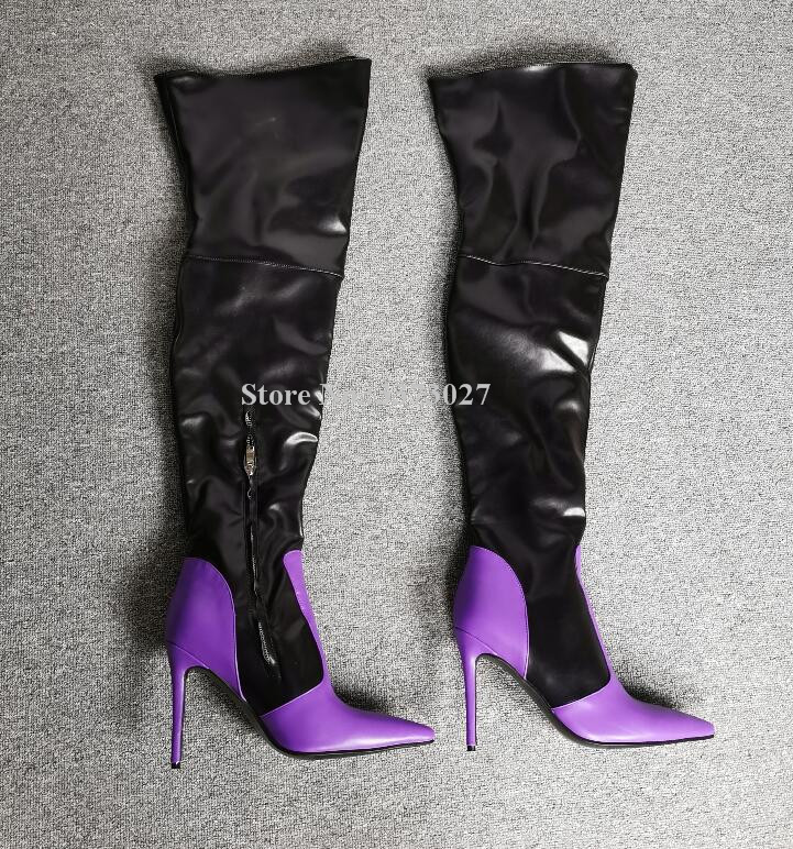 

New Purple Black Leather Women Long Boots Fashion Pointed Toe Mixed Color Real Photos Over the Knee Thigh High Boots Lady Winter, Color 3
