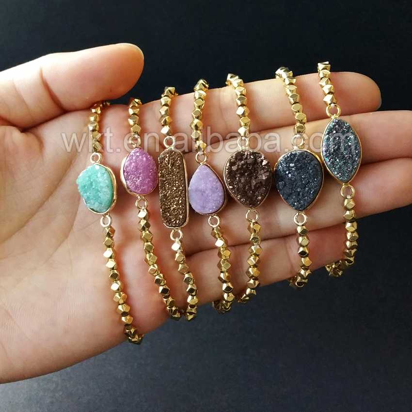 

WT-B261 Fashion Charm Beads Flexible Druzy Bracelets Natural druzy stone with Yellow Brass Beads Bracelets Flexible for Women
