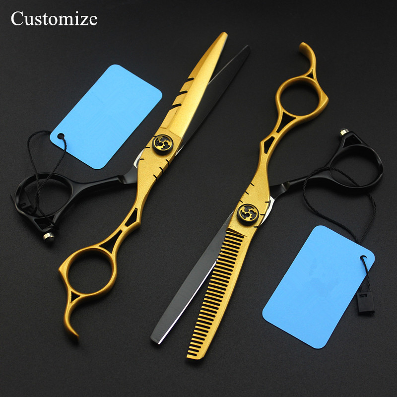 

Hair Scissors Customize Japan 440c 6 Inch Gold Hollow Salon Cutting Barber Makas Scissor Thinning Shears Hairdressing