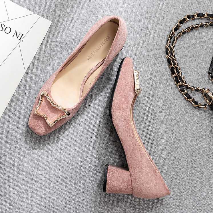 

Brand Ladies Flock Shoes Single Pumps Designer Square Toe Dress Shoes Elegant Pink Work Women 5CM High Heel H0018