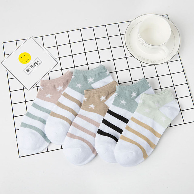 

Spring Summer Star Striped Women Socks Pure Cotton Shallow Mouth Casual Ankle Korean Cute Breathable Slippers Harajuku Socks, A38