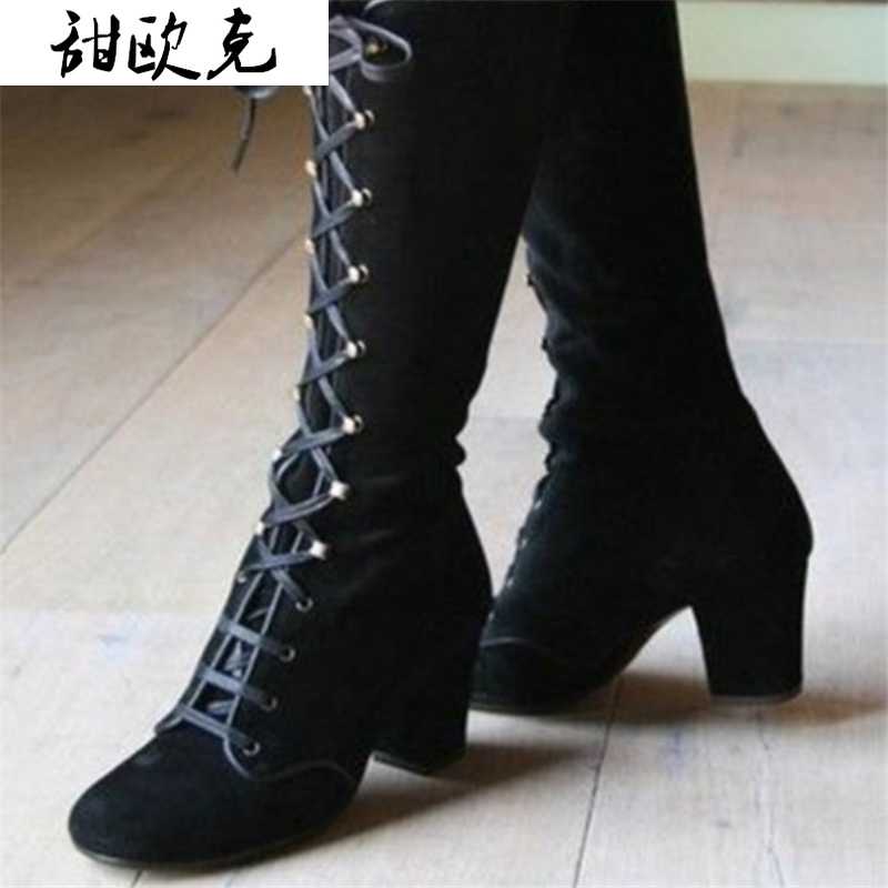 

2020 Winter Women Boots Shoes Fashion Vintage Lace-up Mid Boots Women Round Cowboy High Heels booties Shoes Woman Botas Mujer, Black