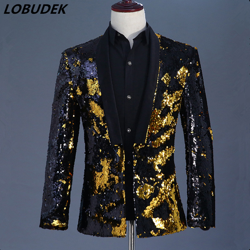 

Men Gold Black Double Color Sequins Blazers Coat Tide Fashion Slim Jacket Outerwear Prom Host DJ Nightclub Singer Stage Costume, Gold silvery