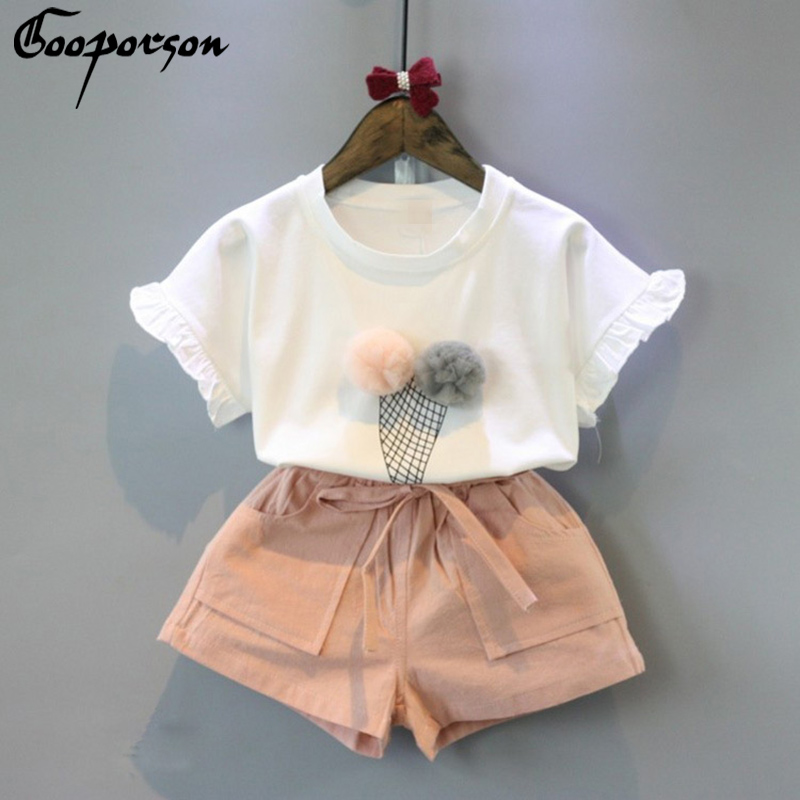 

Girl Dress 2020 New Summer Casual Style Flower Design Short Sleeve T-shirt+Double Pocket Pants 2Pcs For 2-6 Year, White