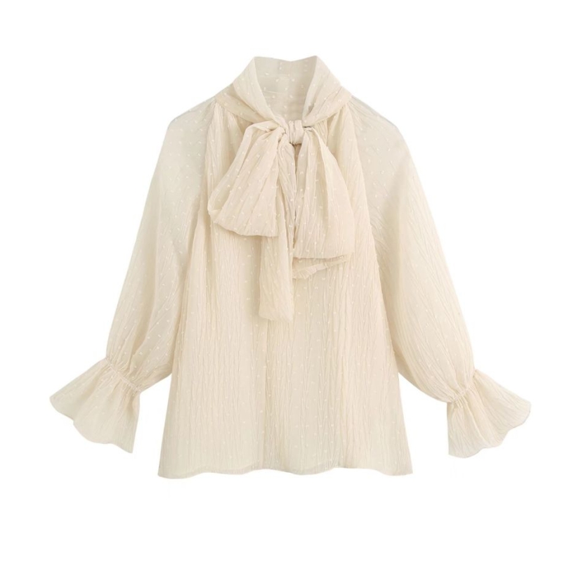 

Woman Dot Flocking Chiffon Loose Shirt Femme Stand collar bow tie Blouse Casual Lady Lantern Sleeve Tops Smock Blusas S7962, As pic