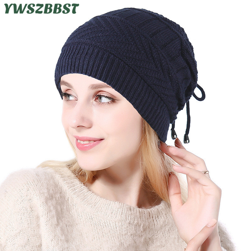 

New Spring Autumn Dual-use Wool Cap for Women with Rope Knitted Beanies Scarf Winter Velvet Warm Women Hat Head Cap, Black