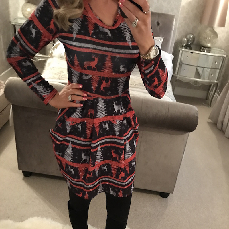 

Autumn And Winter Christmas Print Long-sleeved Loose Dress Women European And American Fashion Simple Casual Dress Women, Black