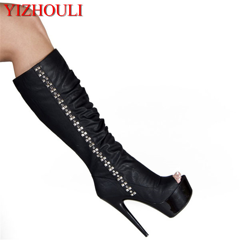 

Women's shoes are 15 centimetres tall, tall boots, stylish zippers, fish mouth decorations, high heel boots, Black