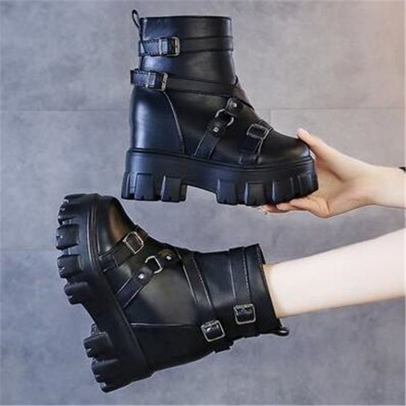 

New Leather Chunky Platform Ankle Boots for Women Height Increasing Metal Buckle Black Short Boots Woman Autumn Winter Punk Boot, Beige