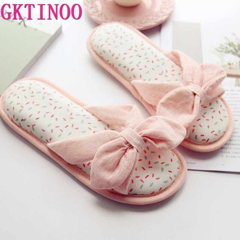 

GKTINOO Spring Autumn Open Toe Cotton Slippers Shoes Women Bow Slides Cute Non-Slip Shoes Breathable Home House Indoor Slippers, Pink