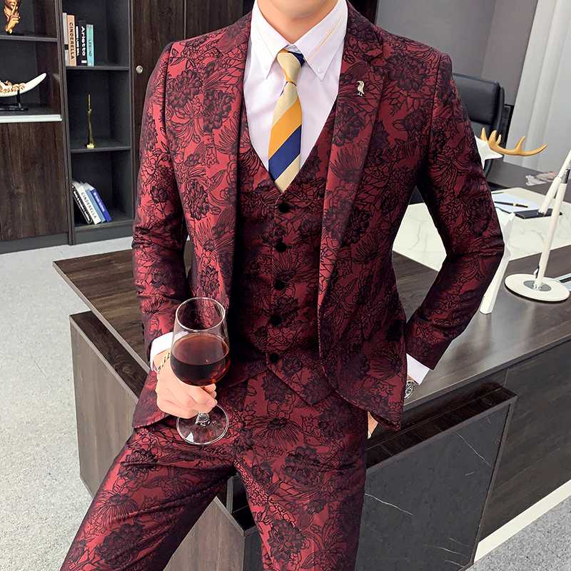 

High Quality 3Piece Jacquard Suit Men Fashion 2020 Wedding Suits Men Casual Slim Fit Business Prom Suit Tuxedos Jacket+Pant+Vest, Brown