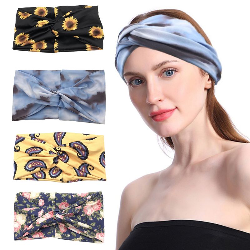 

Women Boho Yoga Sport Headband Vintage Paisley Sunflower Print Elastic Hairband Twist Knotted Running Workout Head Wrap
