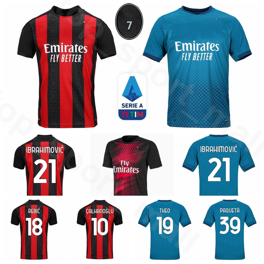 

2020 2021 AC Milan Soccer Jersey 18 REBIC 21 IBRAHIMOVIC 10 CALHANOGLU 5 BONAVENTURA 19 THEO 17 LEAO 79 KESSIE Football Shirt Kits, With patch