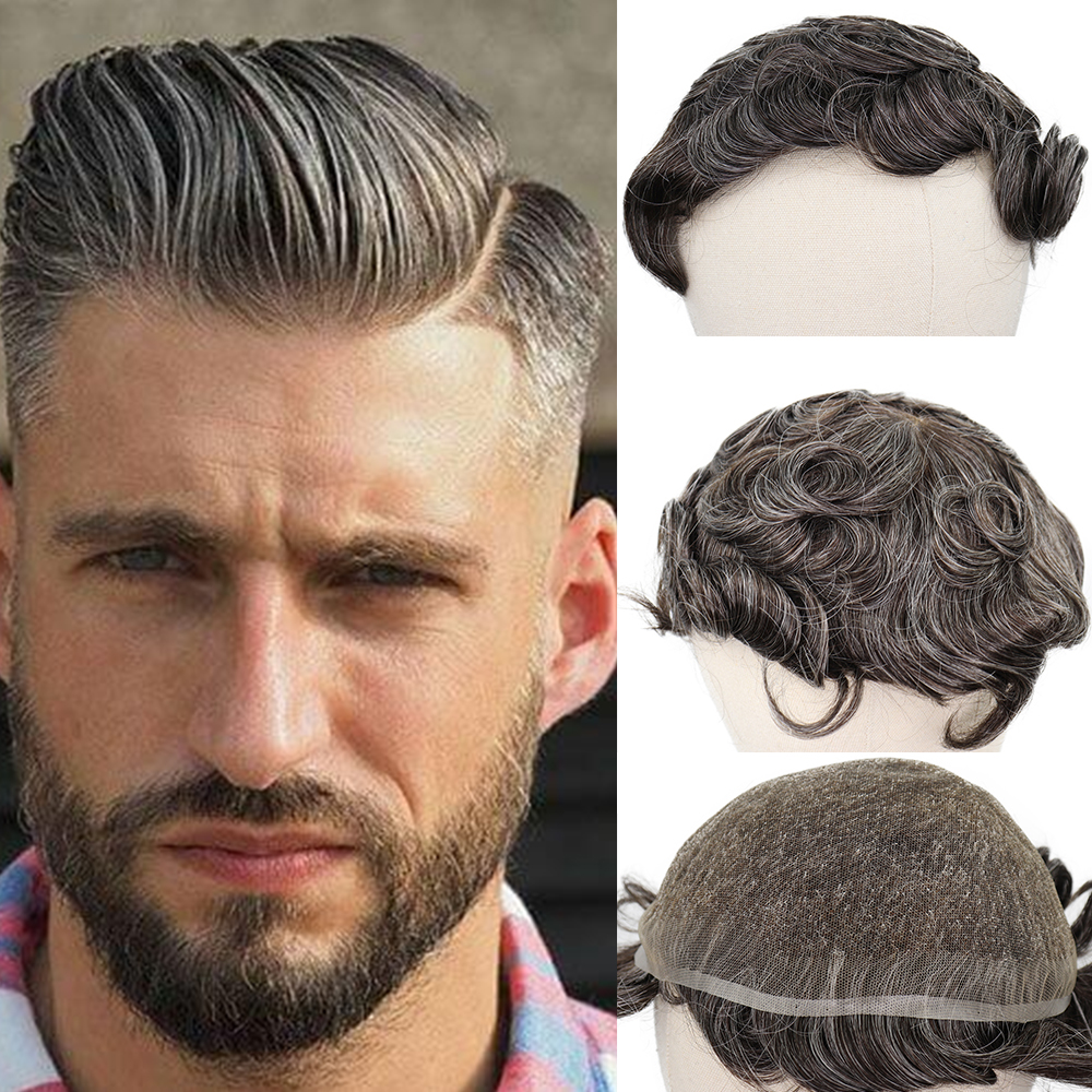 

40% Grey Human Hair Mens Toupee Indian Remy Hair Replacement System 6 Inch Curly Toupee for Men French Lace Hairpiece, Mix color