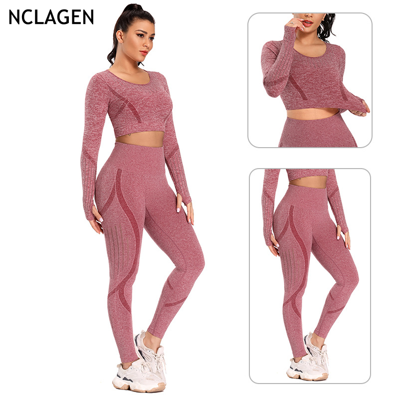 

NCLAGEN Seamless Suit 2 Piece Yoga Set Women Sportwear Leggings And Top Long Sleeve Sport Outfit Fitness Tracksuit Gym Clothes, Black