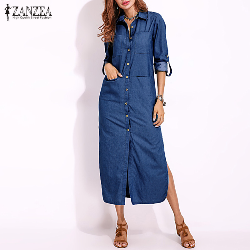 

Plus Size Denim Dress ZANZEA Women' Sundress Shirt Dresses 2020 Spring Button Maxi Vestidos Female Split Jeans Elegant Robe, Dark blue