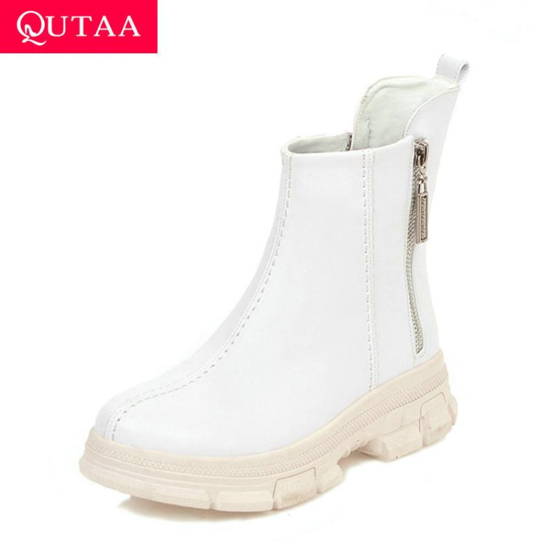 

QUTAA 2020 Fashion Platform Round Toe Antiskid Mid Calf Boots Autumn Winter PU Leather All Match Zipper Women Shoes Size 34-43, White