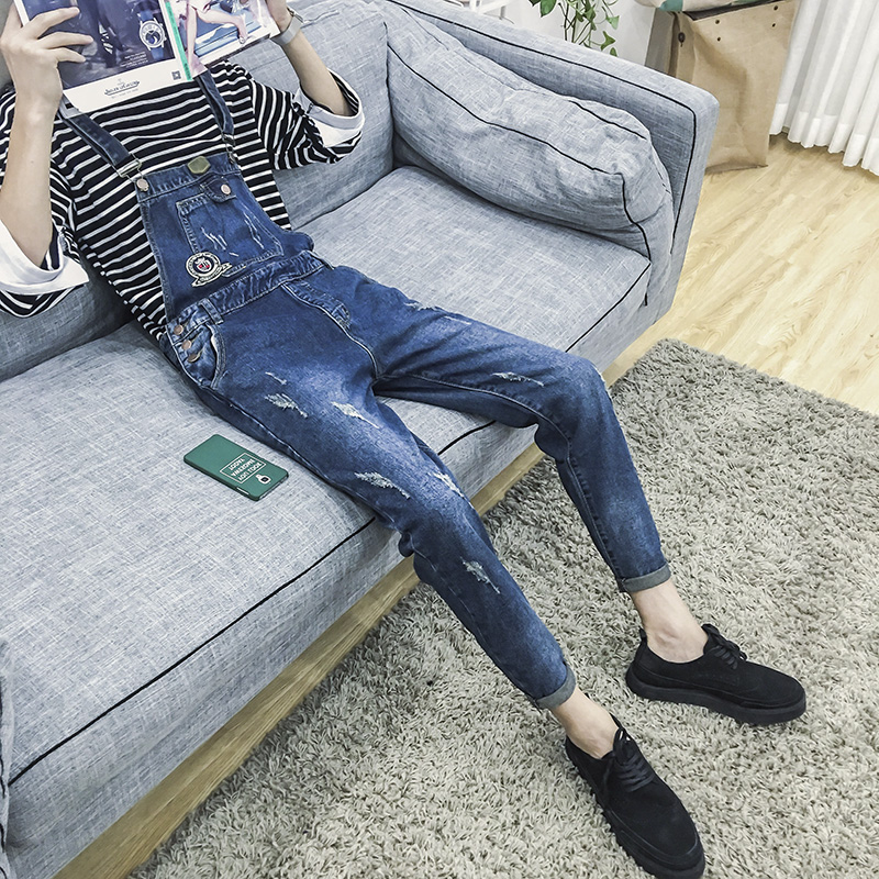 

New 2020 Men' clothing fashion Korean Hair Stylist casual suspenders bib pants Hole overalls jeans stage singer costumes, Blue