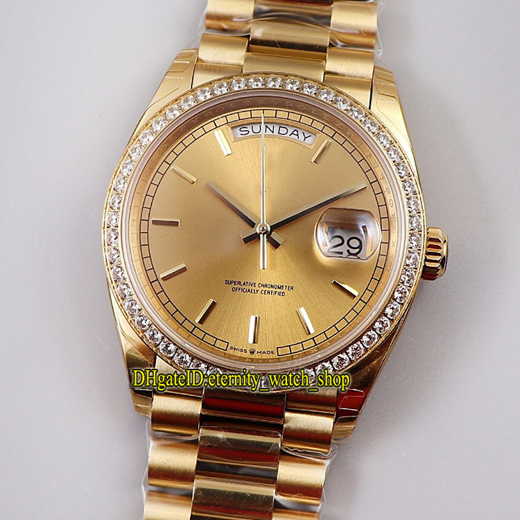 

EWF Daydate 36mm 128348 128238 Cal.3255 Automatic 118349 Mens Watch Gold Dial 18K Gold Diamonds inlay Case Jubilie Strap Iced Out Watches, Box