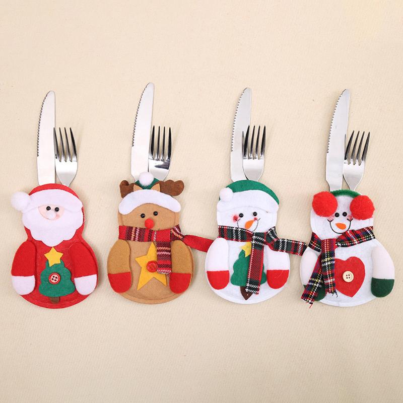

6PC Christmas Fork Bag Christmas Home Table Decorations Santa Claus Elk Snowman Cute Cartoon Fork Bag Cutlery Set ST25