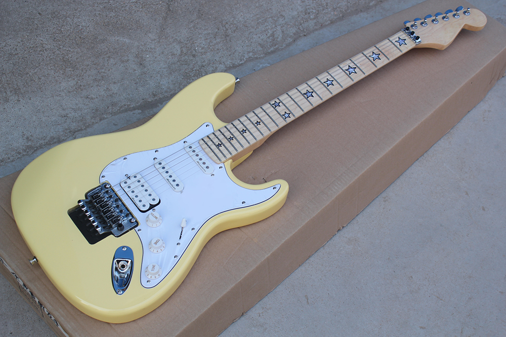 

Factory Custom Milk Yellow Electric Guitar with Double Rock Bridge,Stars Fret Inlay,22 Frets,Can be Customized