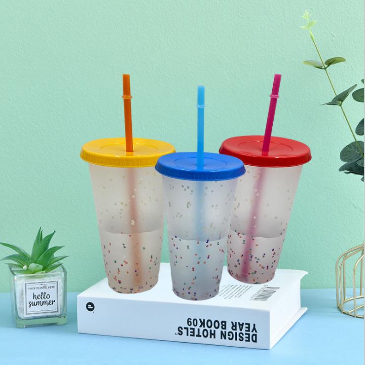 

Cup Mugs Cup Drinks Drinking Plastic Changing Tumblers With Rainbow Straw Summer Reusable Confetti Color Cold Magic Coffee Beer 24oz Lelhl
