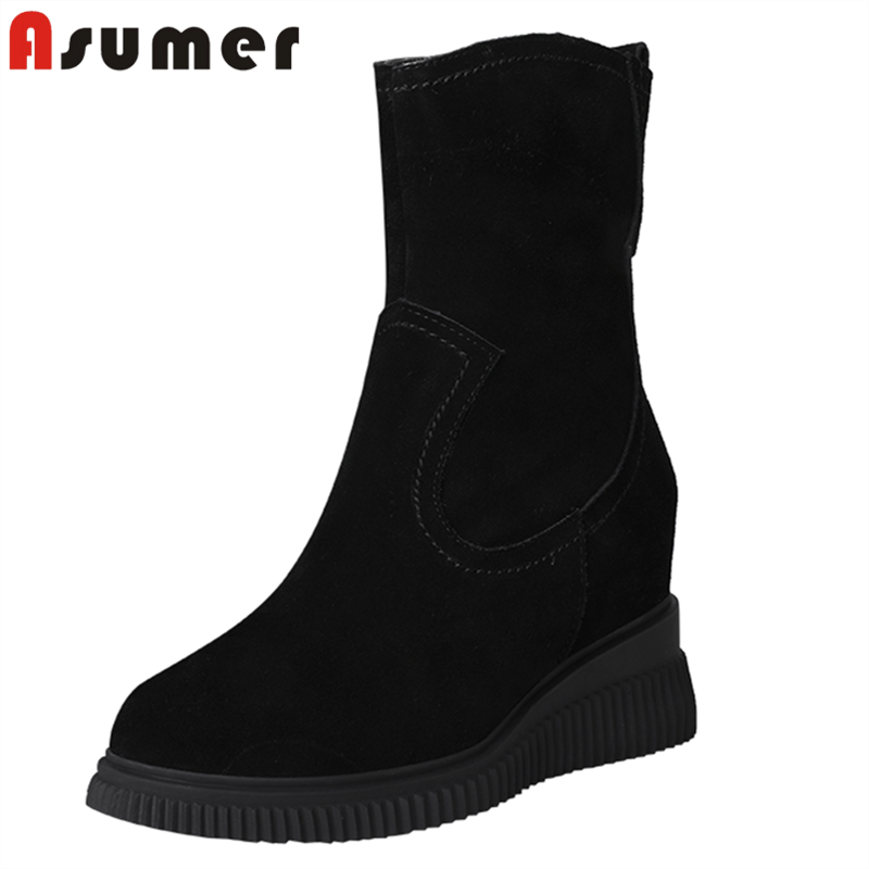 

Asumer 2020 top quality suede leather ankle boots women round toe autumn winter wedges platform boots ladies casual shoes, Black with fur