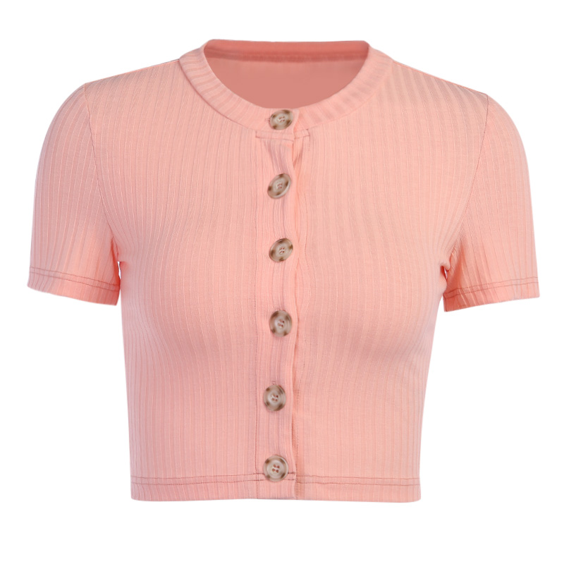 

Women Short Sleeve Solid Color Top Summer Fashion Round Neck Buttons Crop Top for Ladies, Pink