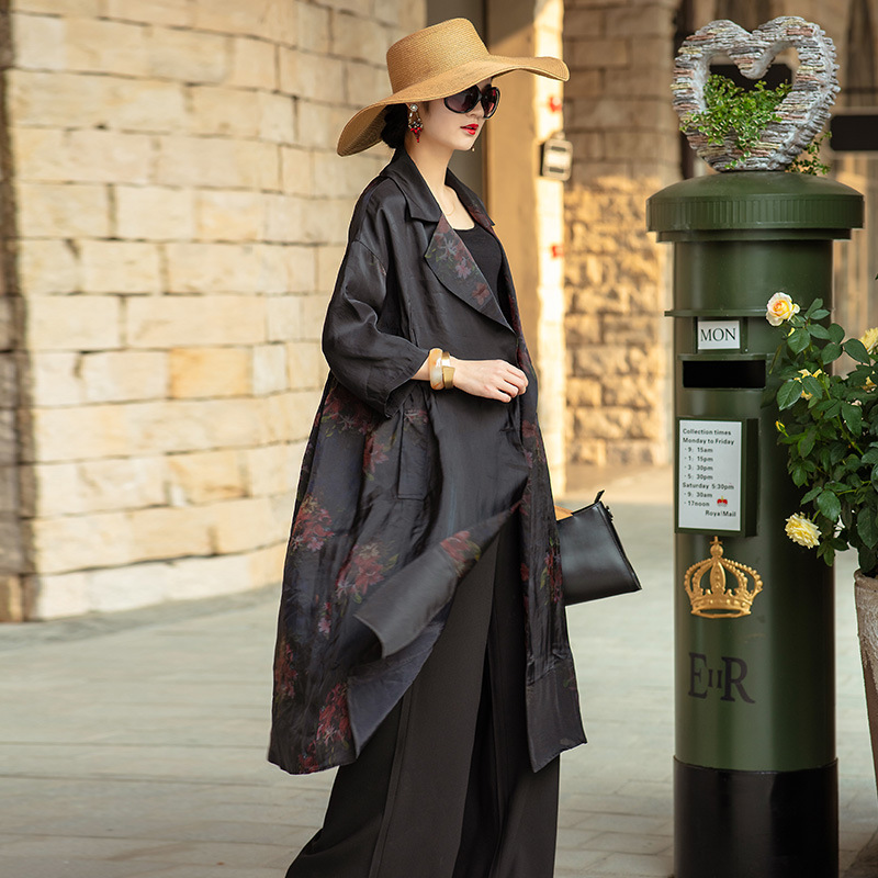 

Women Trench Coat Plus Size 2020 Spring Summer Vintage Flowers Printed Notched Collar Wrist Length Loose Open Stitch Black Coat
