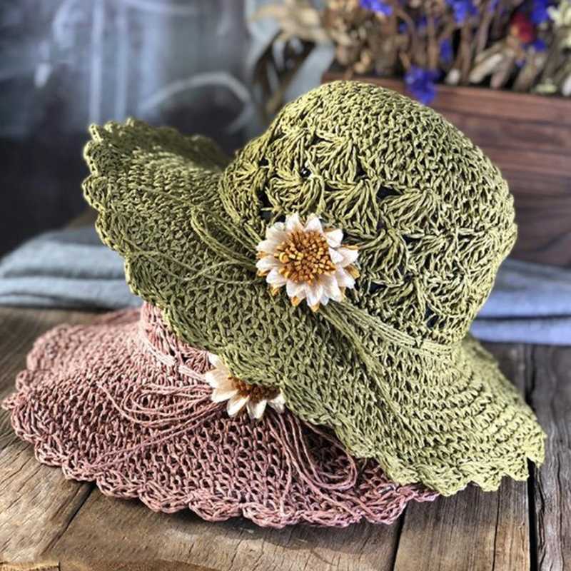 

2020 Handmade Knitted Straw Hat Women Sweet Floral Beach Sun Hats Ooutdoors Travel Fashion Casual Collapsible Caps Korea 55-58cm, Grey
