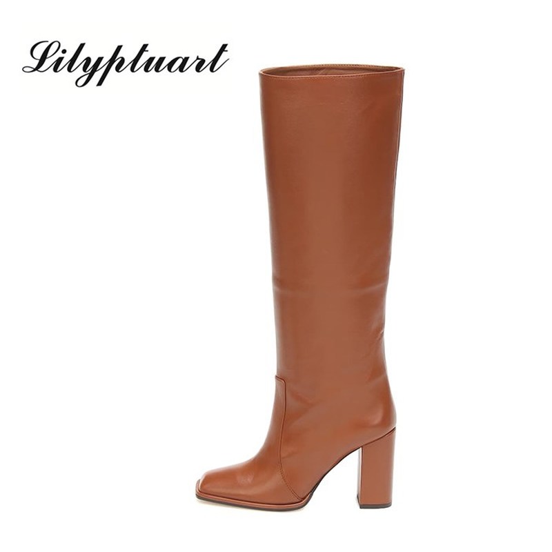

European and American style square toe large size women's shoes straight super high thick heel and knee boots shoes for women, Black