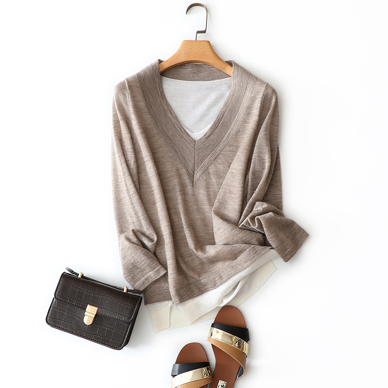

2020 autumn new style 100% cashmere v neck sweater women patchwork fashion long sleeve pullovers, Beige