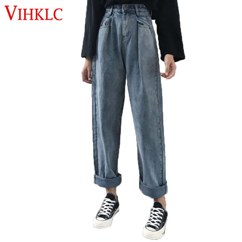 

Middle Waist Wide Leg Pants Was Thin Loose Autumn 2020 New Wild Korean Temperament Simple Student Jeans Long Tide Pants X69, Blue