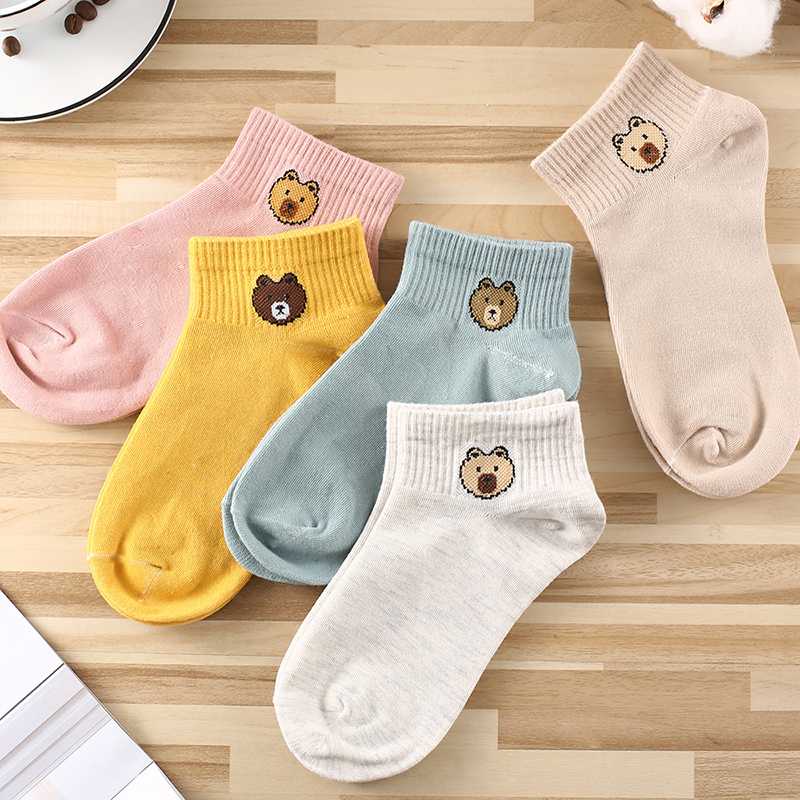

New Solid Color Cartoon Bear Cotton Short Sock Shallow Mouth Absorb Sweat Breathable Comfortable Women Short Sock Hosiery, Brown