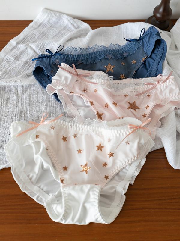 

Gold Stars Stamping Women Panties Milk Silk Underwear Cute Briefs Ruffles Bows Trim Cute Girls Intimates Lolita, Blue