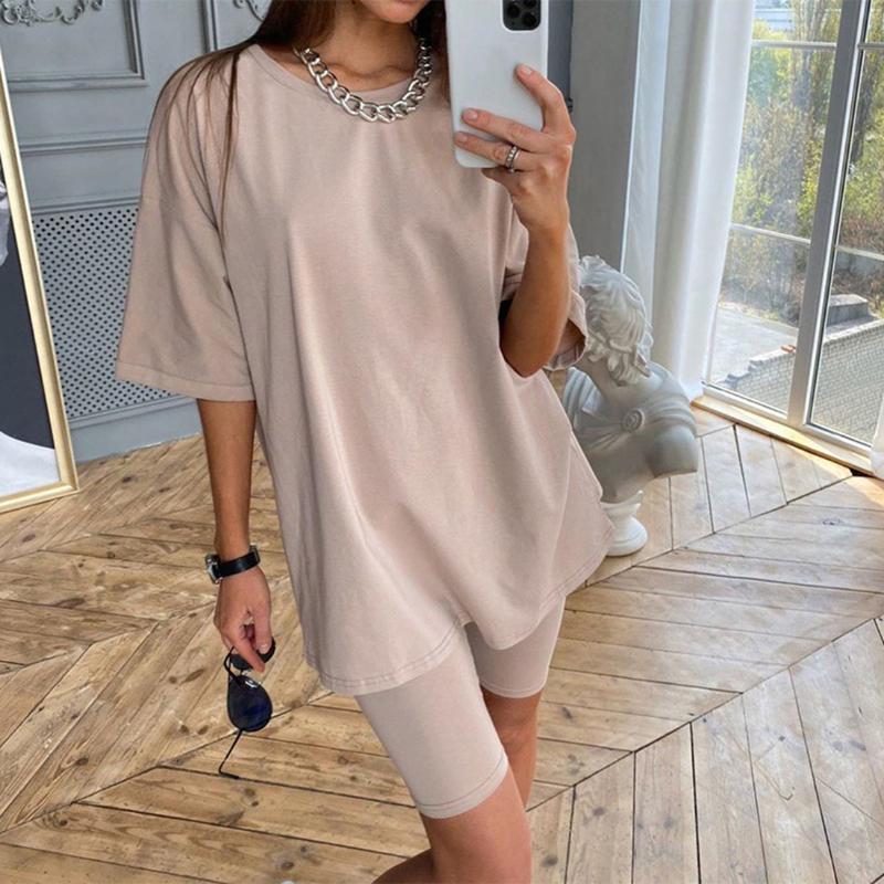 

Sexy Women Summer Solid Two Piece Set O-Neck Shirt Short Sleeve Tops Bodycon Shorts Bottom Suit Fashion Outfit, Black belt