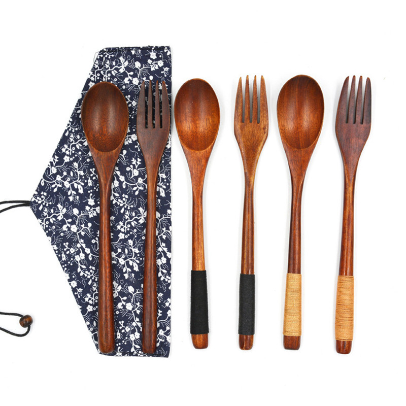 

Japanese Style Flatware Sets Long Handle Wooden Fork Scoop Cutlery Set Teaspoon Salad Fork Kitchen Utensil Outdoor Flatware Set