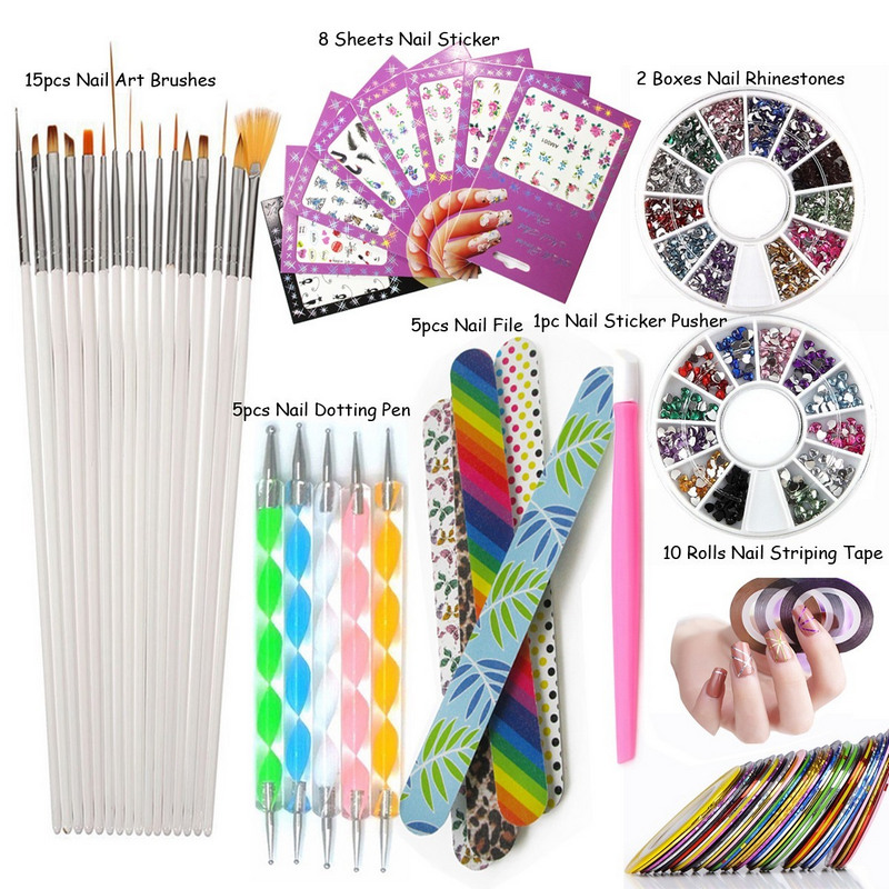 

Nail Stickers Decals Striping Tape 15Pc Gel Polish Nail Art Brush Set Rhinestone Decoration Dotting Tool Pen Art Tools