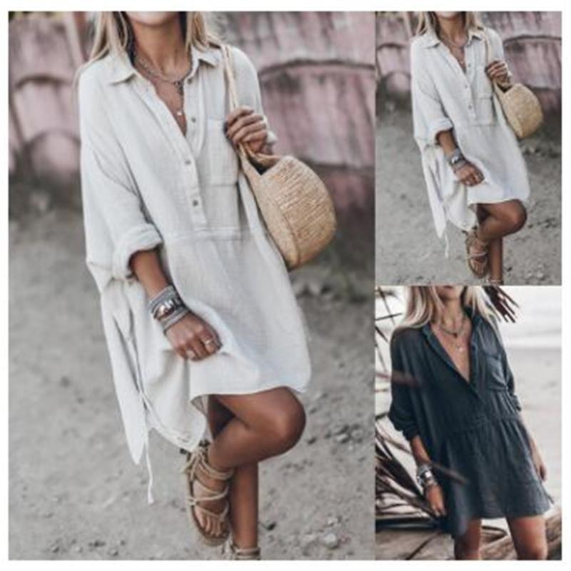 

High quality Amazon hot sale autumn 2020 women cotton linen Lapel pure color long sleeve Dress Casual baggy pocket dress, White