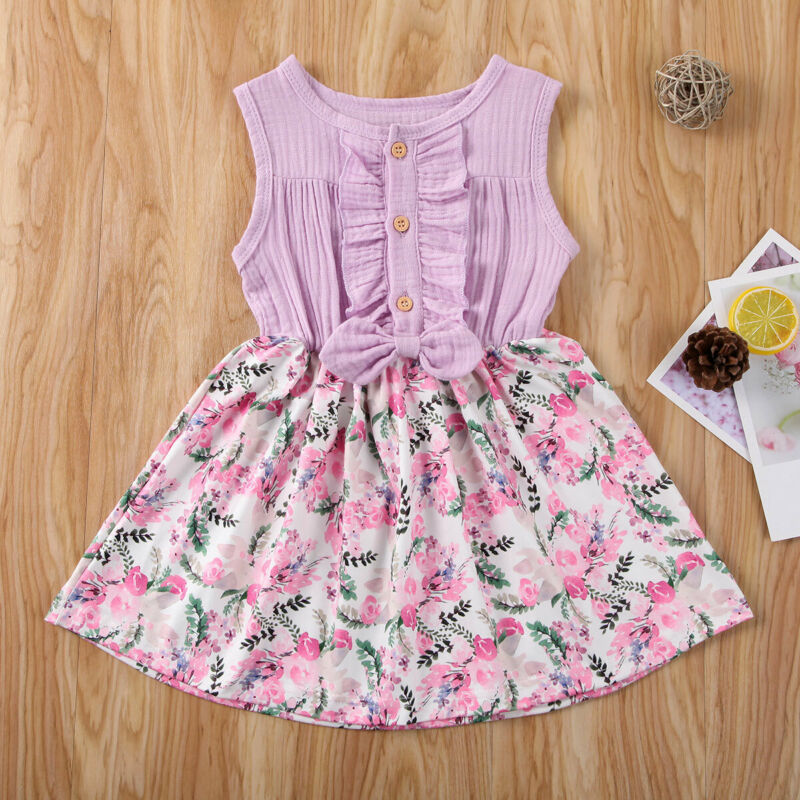 

2020 Summer Toddler Baby Girls Clothes Sweet Kid Sleeveless Bow Floral Ruffle Dress Sunsuit 1-6Y Costume, Pink