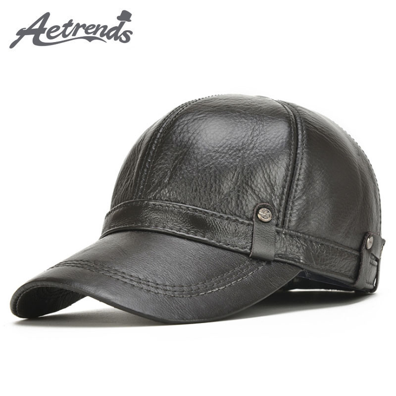

AETRENDS] 2020 New Winter Men's 100% Leather Baseball Cap Men Warm Hats with Ears Flap Z-5304, Black