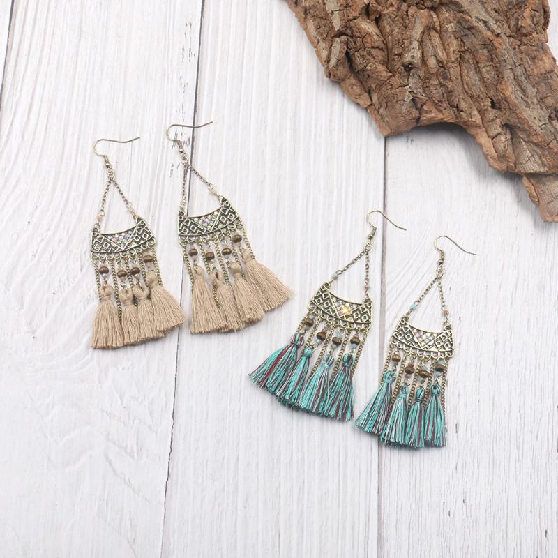 

Shineland Vintage Bohemian Fish Scales Striped Long Chain Rice Beads Fabric Cotton Tassel Drop Dangle Earrings for Women WE002