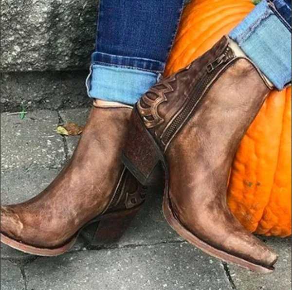 

Fashion Retro Leather Motorcycle Boots Woman Shoes Winter Warm Lace-up Ankle Boots Woman Square Heel Embroidered Platform, Brown