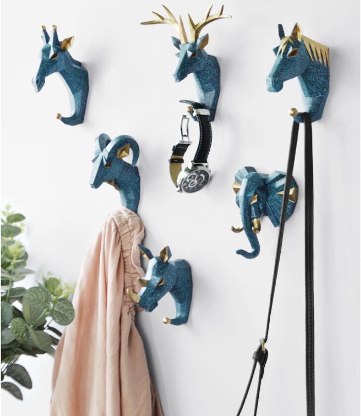 Creative animal head decorative hook resin crafts deer head nail free wall clothes hook door back coat hooks-image-580912812