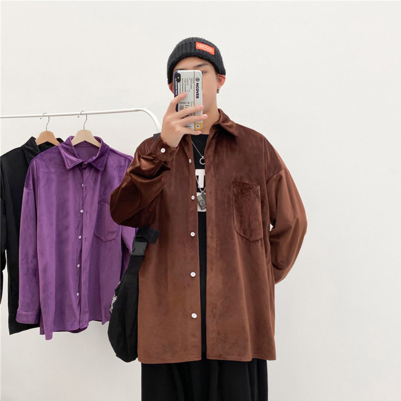 

Autumn Velour Shirt Men's Fashion Retro Solid Color Casual Shirts Mens Streetwear Wild Loose Long-sleeved Shirt Men -5XL, Black