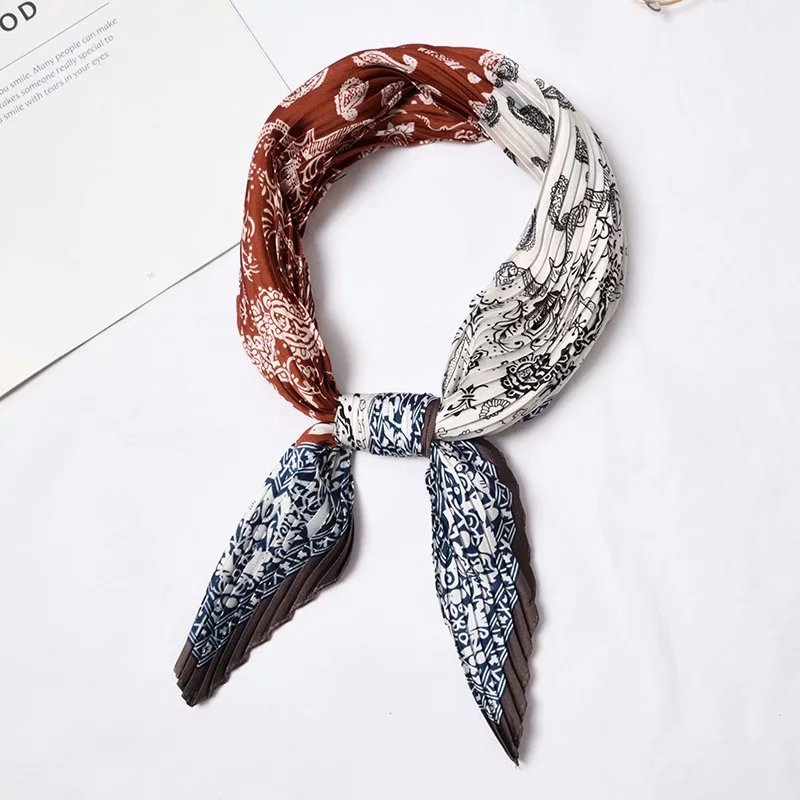 

Small Pleated Silk Scarf Stripe Women Wrap Handkerchief Bandanas Accessories Foulard Femme 55*55cm