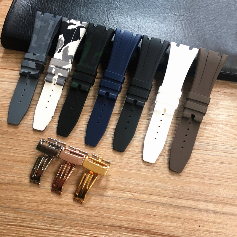 

26mm High Quality Gray White Black Blue Brown Green silicone Rubber Watch Band deployment Clasp For AP Bracelet
