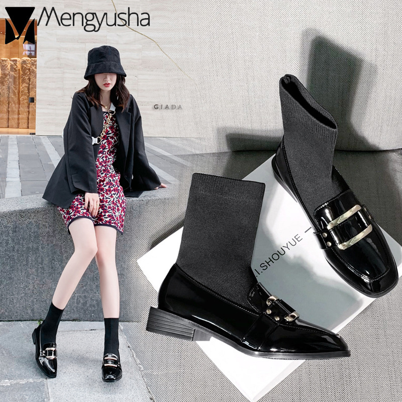 

Thick Heels stovepipe socks women's booties winter plush fur oxford shoes woman patent leather square buckle boots preppy 2020, Black single