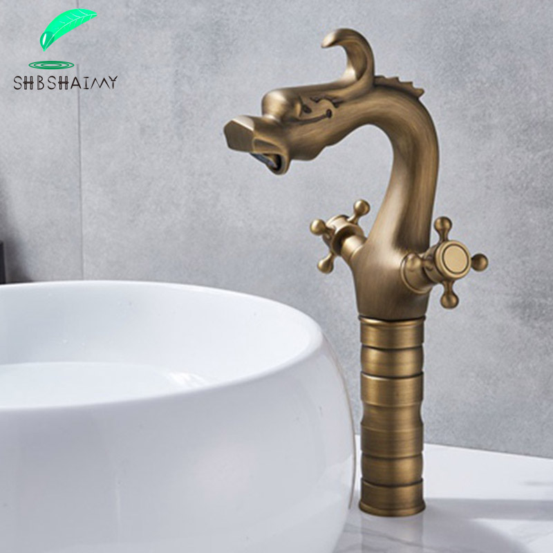 

Antique Brass Dual Handle Chinese Dragon Bathroom Basin Faucet Deck Mounted Dual Handle Mixer Tap